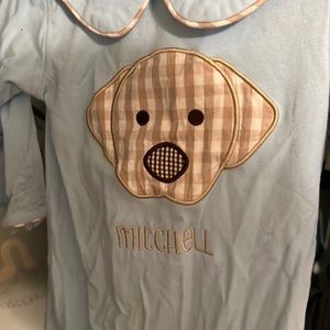Embroidered MITCHELL doggy onesie. Cecil and Lou blue long Jon with puppy